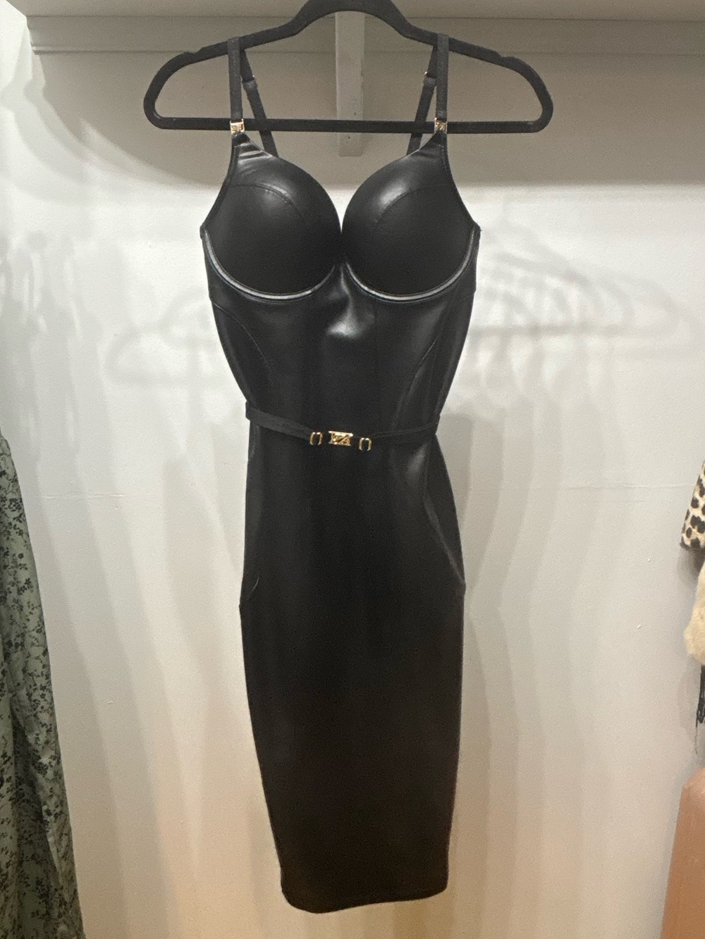 Honey Birdette Black Faux Leather Midi Dress with Gold Zipper - Picture 8 of 8
